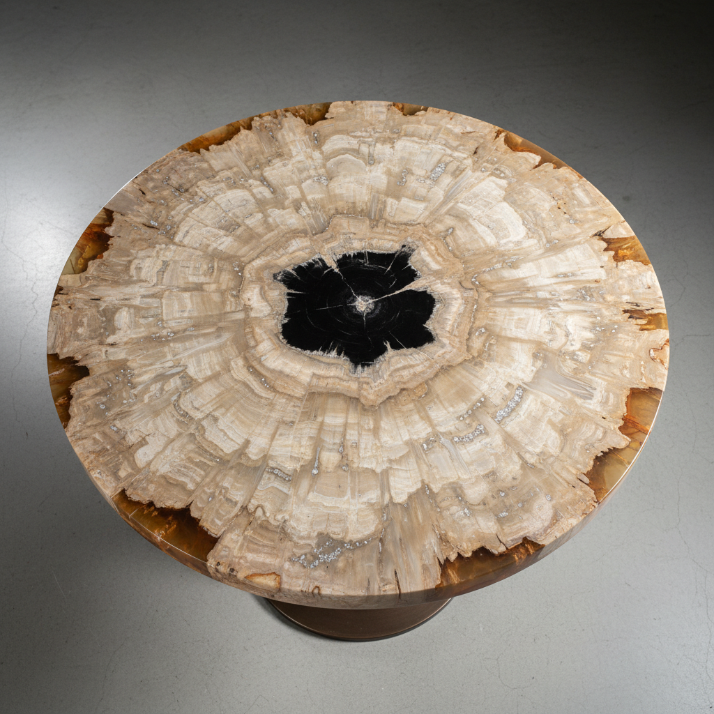 A close-up, top-down photographic view of a round petrified wood tabletop, filling almost the entire frame. The polished surface reveals a mesmerizing radial pattern of mineralized rings, transitioning from inky black at the center to soft beige and translucent honey at the edges. Fine crystalline inclusions catch the light like tiny stars. The table rests on a barely visible, dark bronze base over a pale concrete floor. Soft studio lighting from above and slightly to one side creates controlled highlights and minimal shadows, emphasizing depth and gloss without glare. The composition is centered and symmetrical, with a sophisticated, almost abstract feel that highlights the millions of years of natural history frozen in stone.