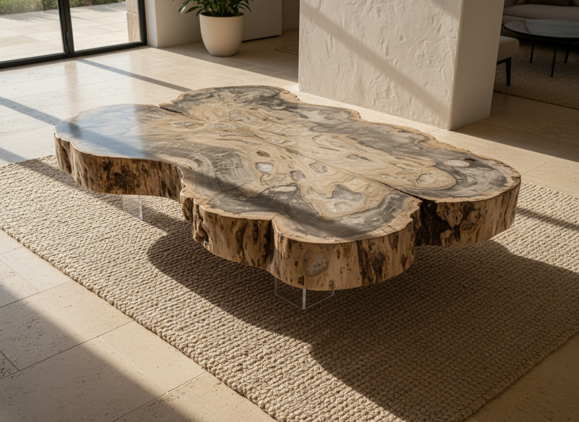 An oversized, irregularly shaped petrified wood slab used as a statement coffee table, its live edge preserved and polished to a soft sheen. The surface reveals bands of smoky grey, cream, and deep brown, intersected by delicate quartz-like veins. The table stands on discreet, low-profile clear acrylic supports, making the fossilized wood appear to float above a sand-colored woven rug. Set in a serene, contemporary interior with limestone flooring and a textured plaster wall, illuminated by golden hour sunlight entering from the side, casting elongated, elegant shadows. Captured from a slightly elevated angle in photographic realism, the mood is refined, warm, and gallery-like, with sharp focus on the table and gentle depth of field in the surroundings.