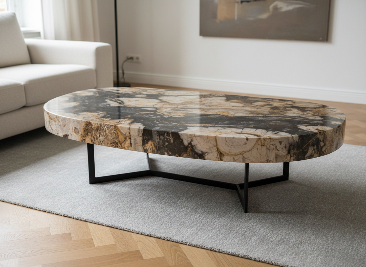A luxurious petrified wood coffee table with a perfectly polished oval top, showcasing intricate mineralized grain patterns in shades of charcoal, ivory, and warm amber. The table rests on a slim, matte black metal base with a refined, architectural silhouette. It is positioned in the center of a minimalist living room with light oak herringbone flooring and a soft grey wool rug. Soft, diffused daylight from a large unseen window creates subtle reflections on the stone-like surface, emphasizing depth and texture. Shot at eye level with a slight angle, in photographic realism, with a calm, sophisticated atmosphere and a gently blurred background of understated, neutral-toned furnishings.